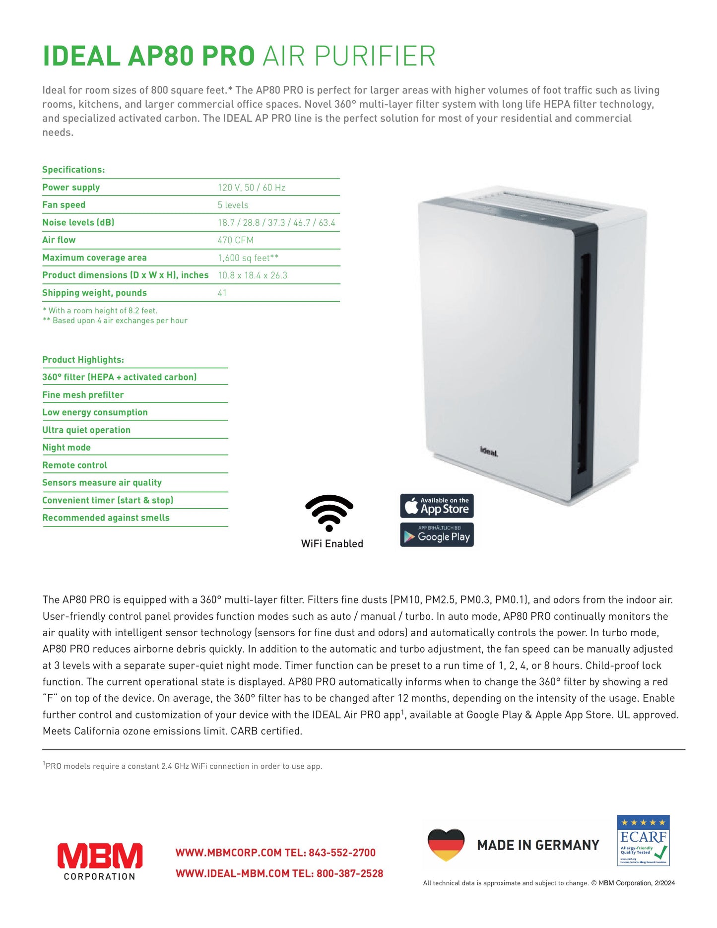 IDEAL AP80 Pro Indoor True Hepa  Air Purifier - 1,600 sq. ft. Coverage